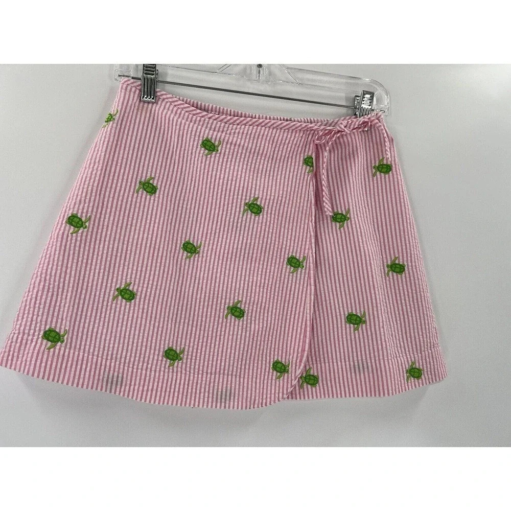 Lilly Pulitzer Pink Stripe Seersucker Turtle Embroidery Wrap Skirt Size 10 kids